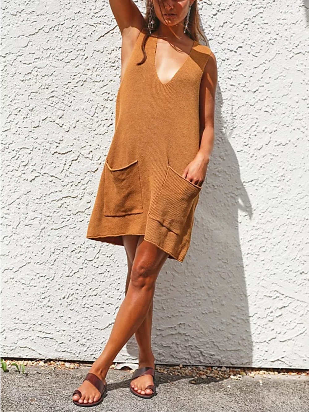 Free People Beach Libby Linen Blend Knit Sleeveless Dress V Neck Hippie Boho M